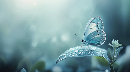 A stunning blue butterfly elegantly rests on a leaf adorned with shimmering water droplets. The soft focus background enhances the serene beauty of nature, highlighting the delicate features of the butterfly. Perfect for themes of tranquility and the wonders of the natural world.の素材