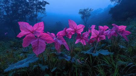 A breathtaking view showcasing vibrant pink leaves emerging from a fog-laden landscape at dawn. The soft blue hues and gentle light create a serene and tranquil atmosphere, perfect for showcasing the beauty of nature.の素材
