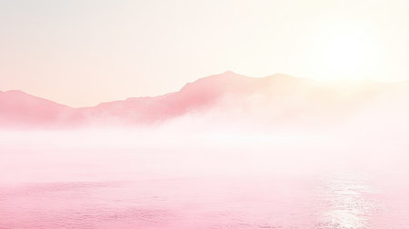 A breathtaking view of a pink sunrise illuminating misty mountains and calm waters, creating a serene atmosphere perfect for relaxation and contemplation.の素材