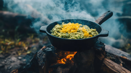 A captivating scene of cooking over a campfire, showcasing a cast iron pan filled with vibrant green ingredients topped with yellow cheese amidst swirling smoke.の素材