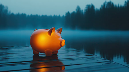 A charming glowing piggy bank stands alone on a wooden dock at dusk, surrounded by a misty forest. The serene water reflects the enchanting atmosphere, evoking feelings of tranquility and nostalgia.の素材