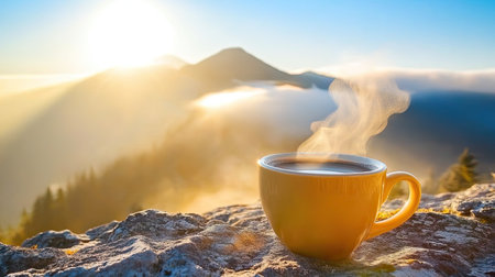 A cozy yellow coffee cup sits on a rocky cliff, with steam rising in the crisp morning air. Behind the cup, majestic mountains emerge from a curtain of mist under a vibrant sunrise, creating a serene and tranquil atmosphere.の素材