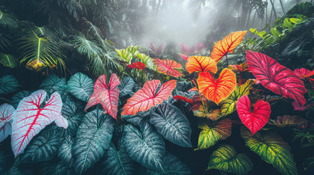 This stunning image captures vibrant tropical foliage in a misty jungle, showcasing colorful leaves in refreshing shades that create a serene atmosphere.の素材