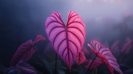 A stunning close-up of vibrant pink heart-shaped leaves, set against a dreamy misty background that enhances their beauty and uniqueness.の素材