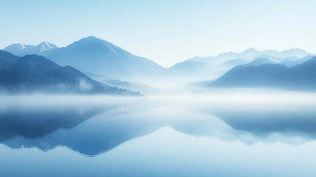 A tranquil mountain landscape showcases stunning peaks reflecting on a calm lake enveloped in mist. Perfect for nature lovers and serene settings.の素材