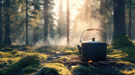 A serene black kettle sits on a bed of logs in a lush forest, surrounded by mist and sunlight. This tranquil scene evokes a sense of adventure and connection with nature.の素材
