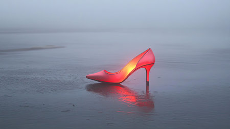A captivating image of a red high heel shoe resting on a misty beach at dusk. The soft glow highlights its elegant design, creating a striking atmosphere.の素材