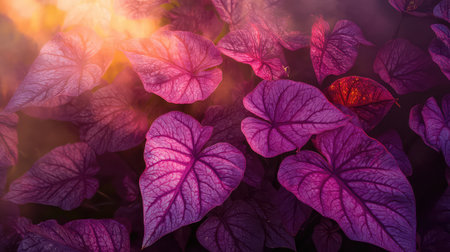 Close-up view of vibrant purple leaves showcasing intricate veins, beautifully illuminated by soft golden light, creating a serene and artistic atmosphere.の素材