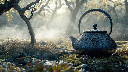 An artistic teapot nestled in a misty forest, bathed in soft sunlight. This serene scene captures nature's tranquility and invites a sense of calm.の素材
