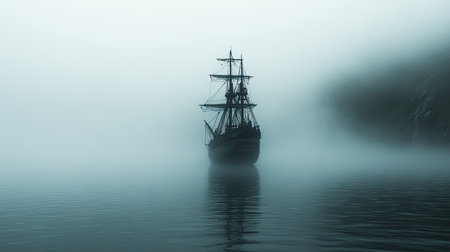 A silhouette of a majestic ancient ship emerges from dense fog on tranquil waters. The mist creates an ethereal atmosphere, evoking mystery and solitude.の素材