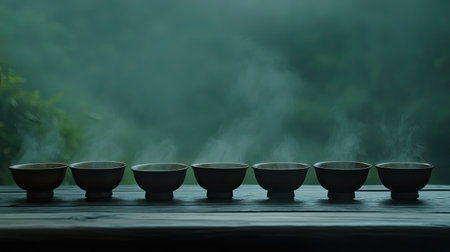 A serene scene featuring traditional bowls releasing steam on a rustic wooden table surrounded by a foggy natural backdrop, evoking tranquility and mindfulness.の素材