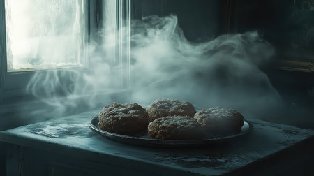 A charming scene showcasing a plate of steaming cookies on a rustic table, illuminated by soft light from a nearby window, enhancing the cozy atmosphere.の素材