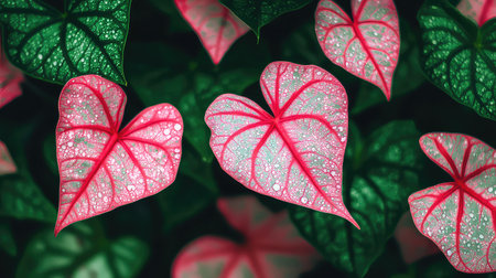 This image features colorful heart-shaped leaves adorned with water drops, creating a vibrant and lush botanical scene that exudes freshness and beauty.の素材