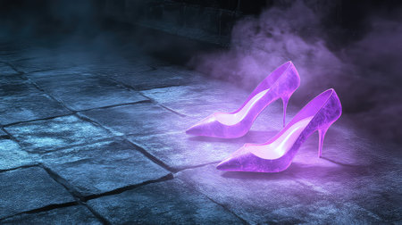 This striking image features elegant purple high heels placed on a mysterious fog-covered floor, illuminated by soft light, creating an enchanting atmosphere.の素材