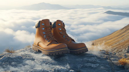 A stunning pair of brown hiking boots rests on a rocky summit, surrounded by a sea of clouds at sunrise. The tranquil scene captures the spirit of adventure.の素材