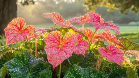 Vibrant begonia leaves glisten with dew in the soft morning light, showcasing a delicate interplay of colors. This serene natural setting invites peace and tranquility.の素材