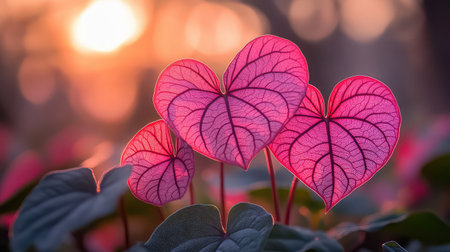 This image captures heart-shaped leaves illuminated by warm sunset light, showcasing vibrant colors and intricate patterns, creating a magical and serene atmosphere.の素材