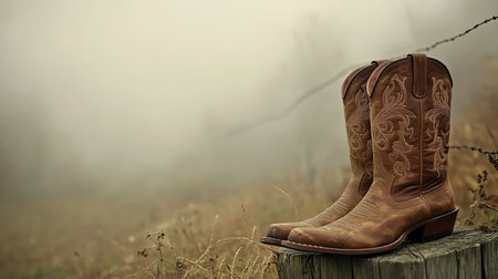 A pair of rustic brown cowboy boots rests atop a wooden post, set against a foggy rural landscape that evokes a serene autumn atmosphere.の素材