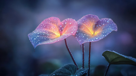 A stunning close-up of two vibrant flowers adorned with droplets of water, illuminated by soft lighting, showcasing the delicate beauty of nature in an artistic manner.の素材