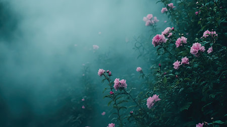 This enchanting image captures a cluster of blooming pink roses emerging from soft, swirling fog, creating a serene and tranquil atmosphere perfect for enhancing natural beauty themes.の素材