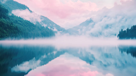 This tranquil scene captures a misty lake nestled between lush mountains at dawn, with soft pink clouds reflecting on the still water. It evokes peace and serenity.の素材