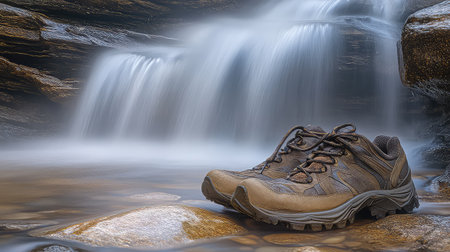 A hiking shoe resting by a tranquil stream with flowing waterfalls and smooth stones, capturing the essence of outdoor adventure and nature's beauty.の素材
