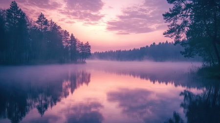 A breathtaking view of a misty lake at sunrise, featuring gentle reflections of trees on the calm water, creating a peaceful atmosphere in nature.の素材