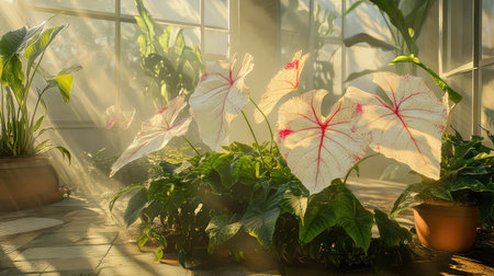 A bright conservatory filled with lush houseplants, showcasing vibrant leaves illuminated by soft rays of sunlight. A serene atmosphere perfect for relaxation.の素材