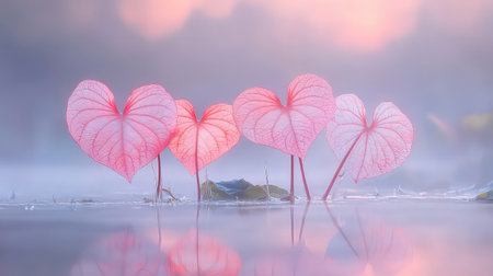 Ethereal heart-shaped leaves rise gracefully from misty waters amidst soft pastel colors at sunrise, creating a tranquil and serene atmosphere perfect for nature lovers.の素材