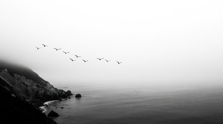 This stunning black and white image showcases a foggy coastline with a flock of birds gracefully flying over the tranquil ocean, symbolizing freedom and serenity.の素材