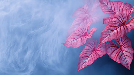 This image features vibrant pink leaves emerging from a soft misty background, creating an ethereal atmosphere ideal for nature-themed projects.の素材