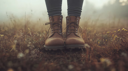 A pair of stylish brown boots stands firmly in a misty field filled with wildflowers, demonstrating the beauty of nature and outdoor fashion.の素材