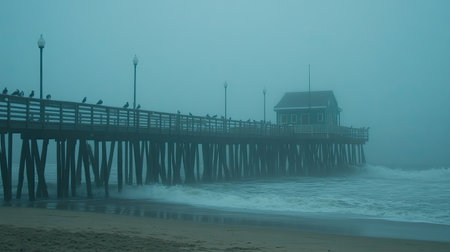 A tranquil scene featuring a foggy pier adorned with seagulls, surrounded by gentle ocean waves and a serene atmosphere, ideal for nature lovers.の素材