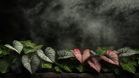 A stunning display of heart-shaped leaves showcasing intricate textures and vibrant colors against a dark background with misty effects.の素材