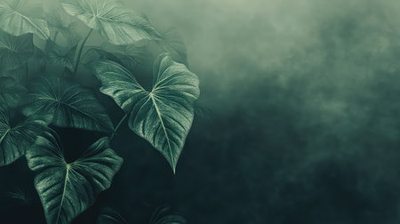 This image features lush green leaves shrouded in soft fog, creating a serene and tranquil atmosphere ideal for relaxation and meditation.の素材