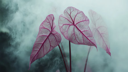 A serene depiction of delicate pink-edged leaves emerging from soft fog. This image captures the intricate details and ethereal beauty of nature, inspiring tranquility.の素材