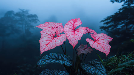 This stunning image showcases vibrant caladium leaves with striking pink and green patterns, set against a misty forest backdrop, creating a peaceful ambiance.の素材