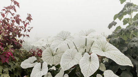 An enchanting view of white veined leaves emerging from a soft, misty background creates a tranquil garden atmosphere rich in beauty and serenity.の素材