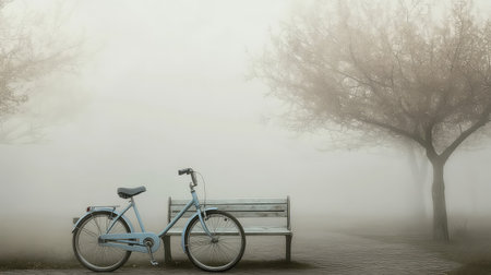 A tranquil scene captures a blue bicycle parked next to a wooden bench amidst a foggy atmosphere, enhanced by soft natural light and surrounding trees.の素材