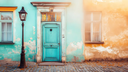 A captivating scene featuring a turquoise door and vintage lantern, set against a beautifully weathered wall, creates a serene atmosphere perfect for photography.の素材