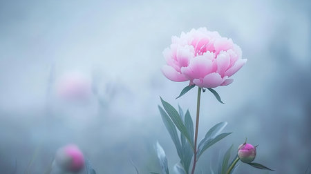A stunning pink peony flower stands majestically against a misty background, evoking feelings of serenity and beauty in nature's gentle embrace.の素材