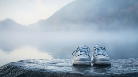 A pair of stylish casual sneakers rests on a rocky surface by a serene lake, shrouded in morning fog, surrounded by tranquil mountains.の素材