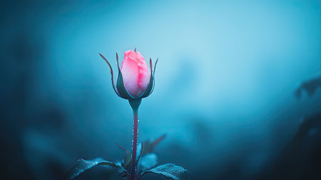 A stunning pink rose stands gracefully against a serene blue backdrop, adorned with glistening dew drops, embodying elegance and tranquility.の素材
