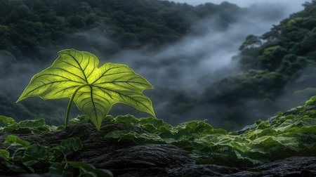 A vibrant green leaf glows softly, captured in a misty forest setting at dawn. The tranquil atmosphere showcases the beauty of nature, inviting serenity.の素材