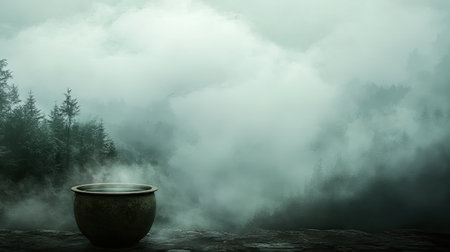 A captivating misty forest landscape featuring a decorative pot resting on a stone surface. The atmosphere is filled with ethereal fog and evergreen trees, creating a serene and tranquil environment.の素材
