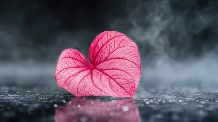 A striking pink heart-shaped leaf resting on a reflective surface, enveloped in soft mist. This atmospheric composition showcases the beauty of nature and evokes a sense of tranquility.の素材