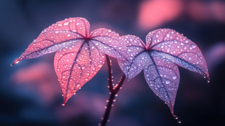 This close-up image captures vibrant leaves adorned with dew drops, illuminated by soft morning light. The delicate details highlight nature's beauty.の素材