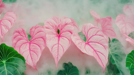 Discover a stunning arrangement of vibrant pink and green heart-shaped leaves shrouded in delicate mist, creating an enchanting botanical atmosphere.の素材
