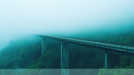 A serene misty bridge stretches across a forested valley, enveloped in fog. This atmospheric scene captures tranquility and adventure in nature.の素材