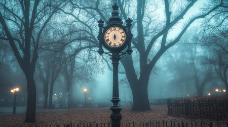 A vintage street clock stands poised amidst fog-laden trees in a tranquil park, capturing the eerie beauty of dawn with soft light and serenity.の素材